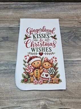 Gingerbread Kisses Christmas Wishes Kitchen Towel Holiday Farmhouse Decor
